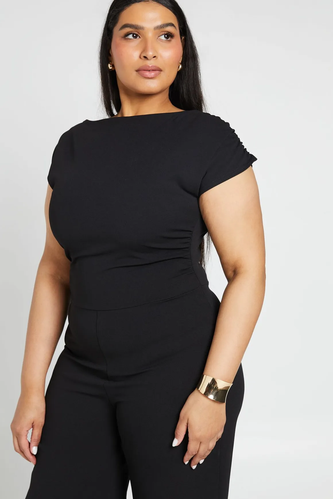 Combinaison Pantalon Large Grande Taille En Crêpe À Encolure Asymétrique Drapée