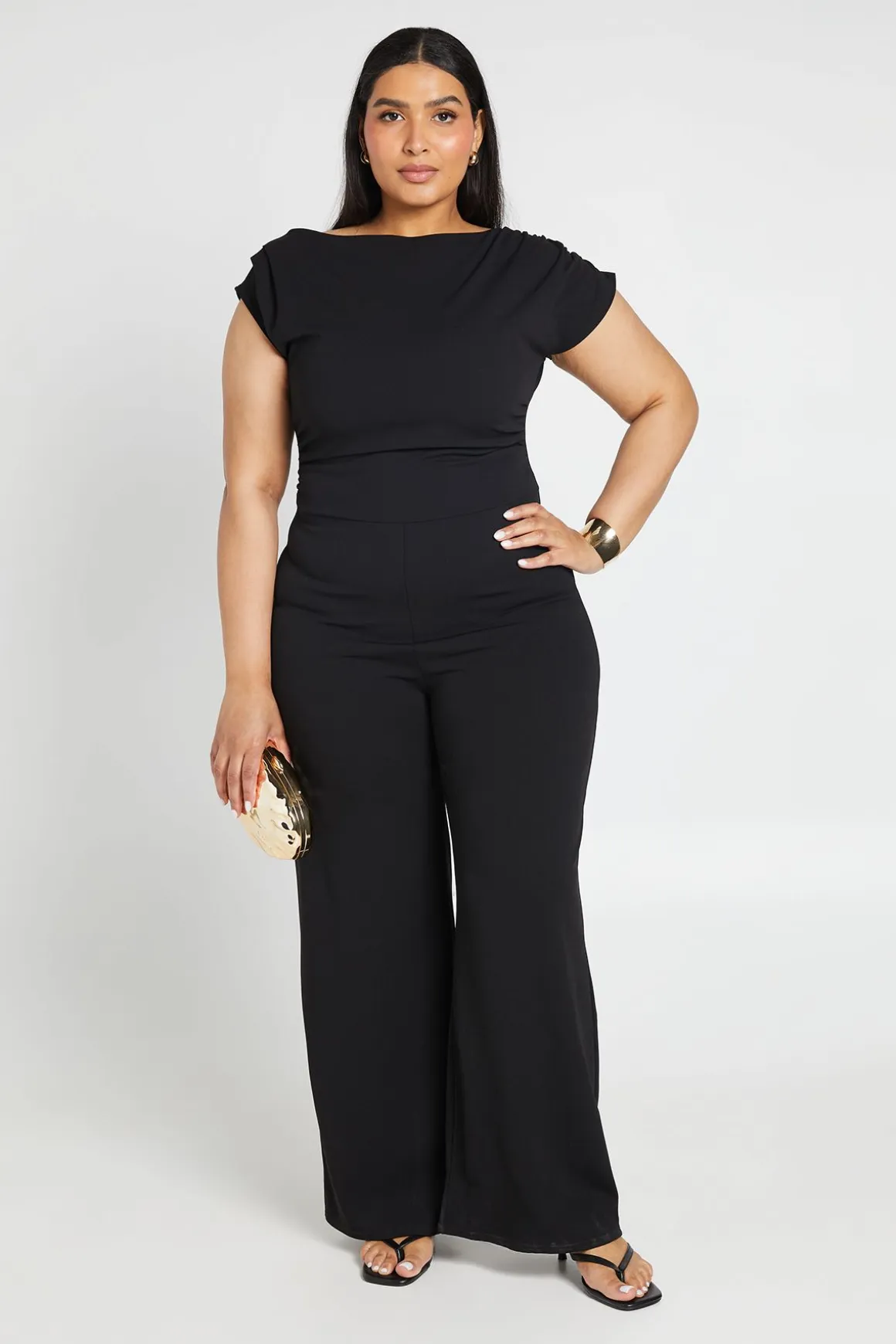 Combinaison Pantalon Large Grande Taille En Crêpe À Encolure Asymétrique Drapée
