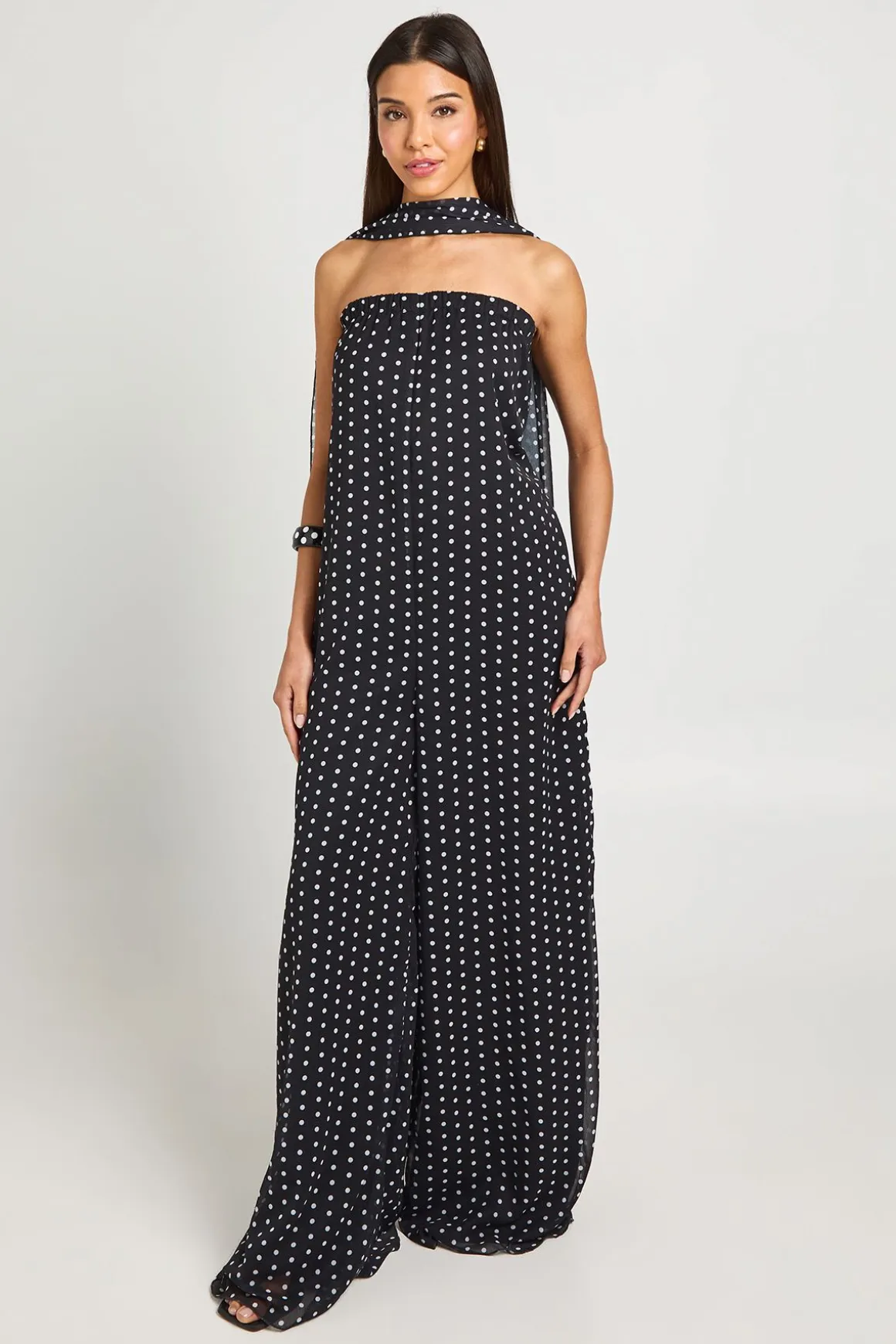 Combinaison-pantalon Large À Pois Mono Avec Détail Foulard