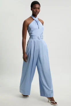 KarenMillen Combinaison-pantalon Large Tissée En Viscose Lin Premium À Col Licou Croisé Avec Ceinture<Femme Combinaisons Et Combishorts