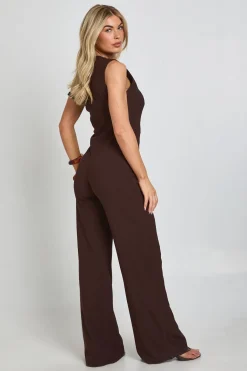boohoo Combinaison Pantalon Large Texturée Col Asymétrique<Femme Looks Chocolat|Combinaisons Et Combishorts