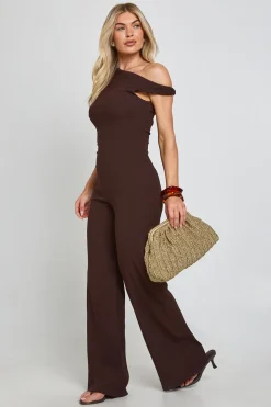 boohoo Combinaison Pantalon Large Texturée Col Asymétrique<Femme Looks Chocolat|Combinaisons Et Combishorts