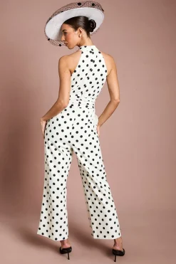 Combinaison-pantalon Lisa À Col Licou Imprimé Corsage À Pois Beige
