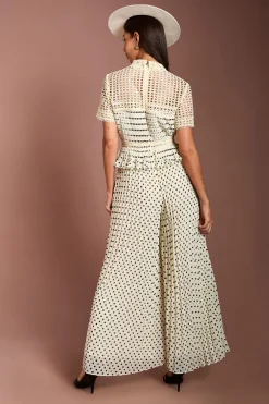 Combinaison-pantalon Lisa Tan À Col En Dentelle Et Pois Plissée