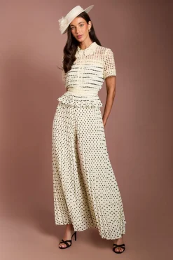 Combinaison-pantalon Lisa Tan À Col En Dentelle Et Pois Plissée
