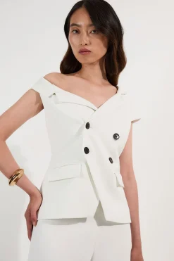 Combinaison Pantalon Tailleur Petite Stretch Compact à Col Asymétrique et Jambes Larges