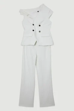 Combinaison Pantalon Tailleur Petite Stretch Compact à Col Asymétrique et Jambes Larges