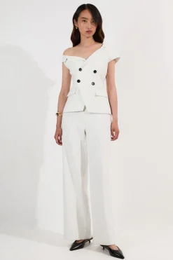 Combinaison Pantalon Tailleur Petite Stretch Compact à Col Asymétrique et Jambes Larges