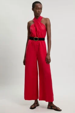 KarenMillen Combinaison-pantalon Tissée Dos Nu À Col Licou En Viscose Et Lin Avec Ceinture<Femme Combinaisons Et Combishorts