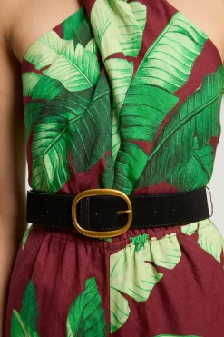 Combinaison-pantalon Tissée En Viscose Et Lin À Imprimé Palmiers Avec Ceinture Et Col Licou