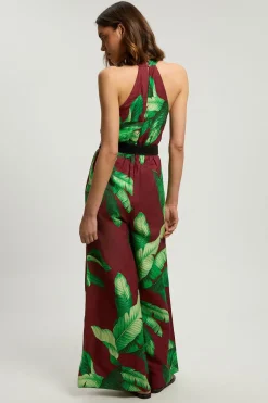 Combinaison-pantalon Tissée En Viscose Et Lin À Imprimé Palmiers Avec Ceinture Et Col Licou
