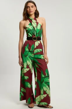 Combinaison-pantalon Tissée En Viscose Et Lin À Imprimé Palmiers Avec Ceinture Et Col Licou
