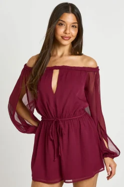 boohoo Combinaison-short Bardot En Mousseline À Manches Volumineuses<Femme Combinaisons Et Combishorts