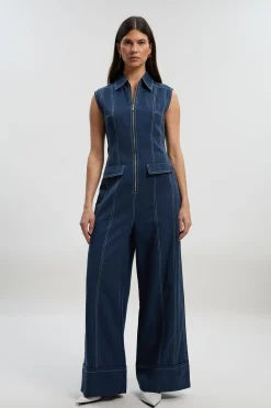 Combinaison Tissée en Coton Tencel avec Coutures Contrastées et Fermeture Éclair Devant