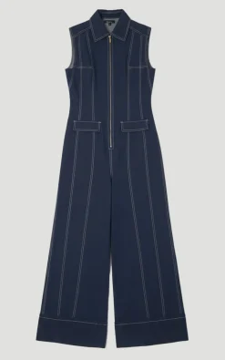 Combinaison Tissée en Coton Tencel avec Coutures Contrastées et Fermeture Éclair Devant