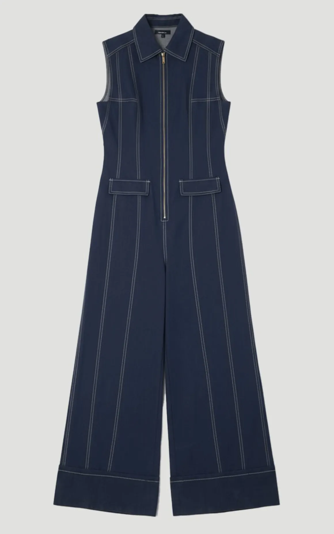 Combinaison Tissée en Coton Tencel avec Coutures Contrastées et Fermeture Éclair Devant