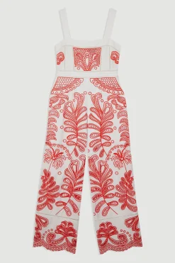 Combinaison Tissée à Jambes Larges avec Broderie Ajourée