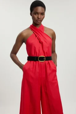 Combinaison Tissée Petite Taille À Col Licou Ceinturée En Viscose Lin