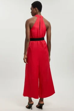 Combinaison Tissée Petite Taille À Col Licou Ceinturée En Viscose Lin