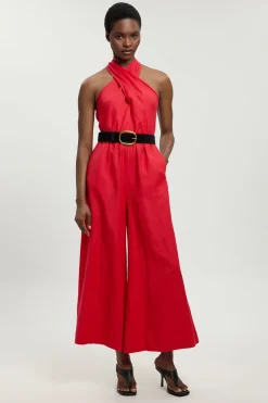 Combinaison Tissée Petite Taille À Col Licou Ceinturée En Viscose Lin