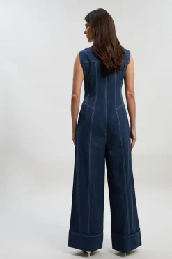 Combinaison Tissée Tall en Coton Tencel avec Fermeture Éclair et Surpiqûres Contrastées