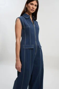 Combinaison Tissée Tall en Coton Tencel avec Fermeture Éclair et Surpiqûres Contrastées