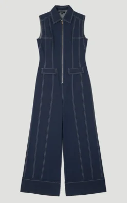 Combinaison Tissée Tall en Coton Tencel avec Fermeture Éclair et Surpiqûres Contrastées