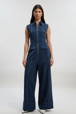 Combinaison Tissée Tall en Coton Tencel avec Fermeture Éclair et Surpiqûres Contrastées