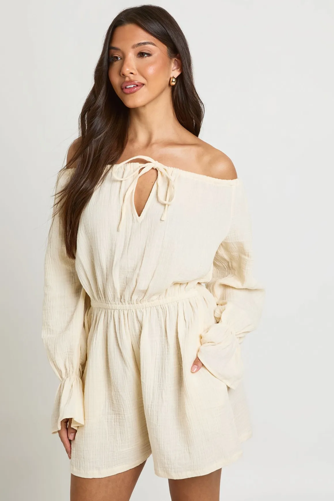Combi-short Blouson Texturé À Encolure Bardot
