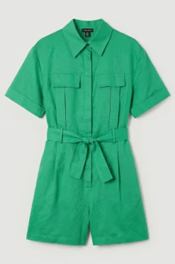 Combi-short Ceinturée en Lin Viscose Tissé