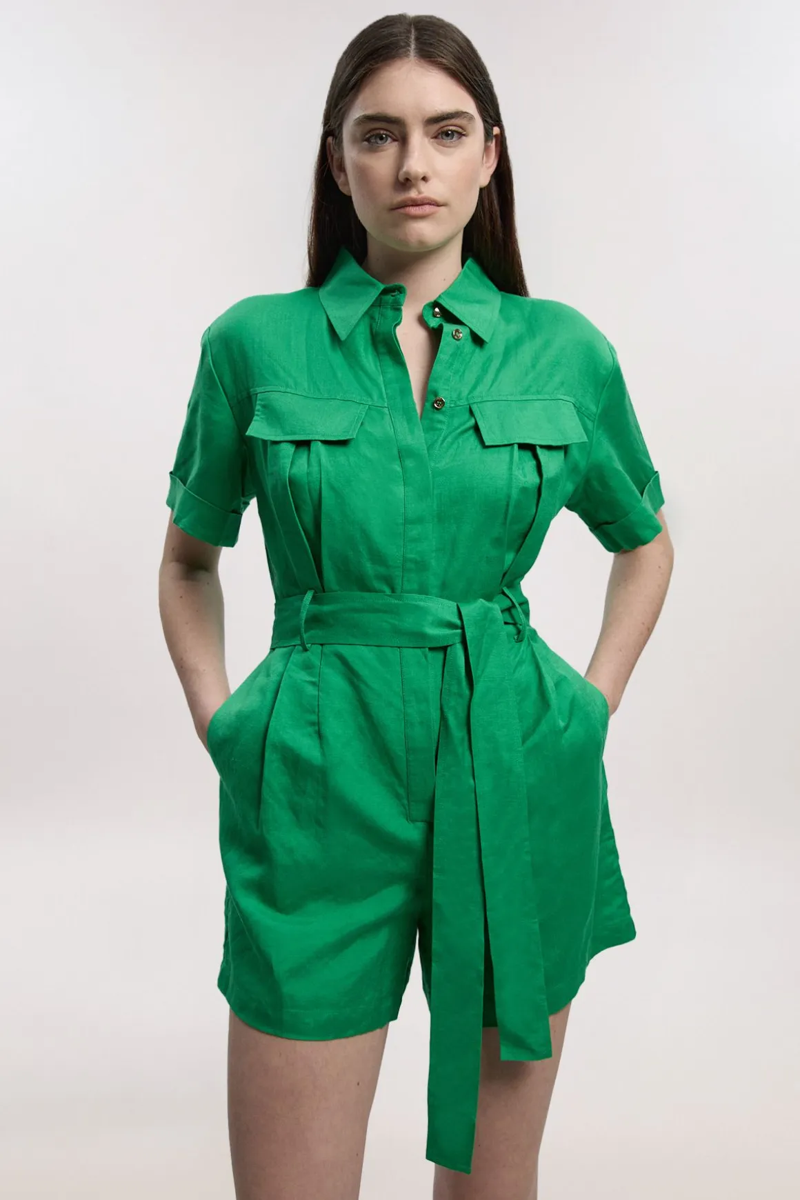 Combi-short Ceinturée en Lin Viscose Tissé