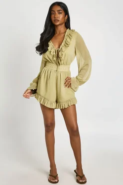 boohoo Combi-short En Mousseline Texturée À Détails Volantés<Femme Combinaisons Et Combishorts