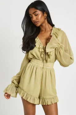 boohoo Combi-short En Mousseline Texturée À Détails Volantés<Femme Combinaisons Et Combishorts