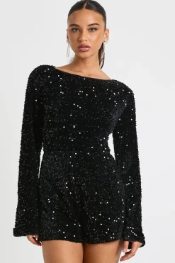 Combishort en velours à sequins et manches évasées