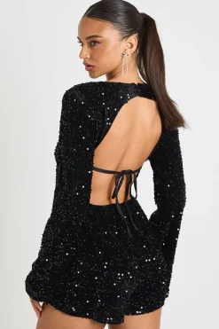 Combishort en velours à sequins et manches évasées
