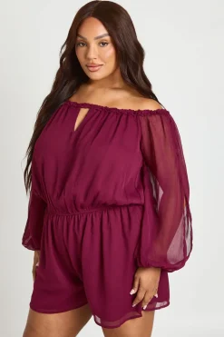 Combi-short Grande Taille Bardot En Mousseline À Manches Ballon