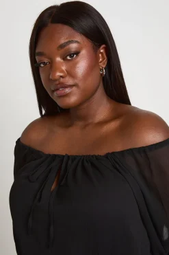 boohoo Combi-short Grande Taille En Mousseline Bardot Avec Nœud Devant Et Manches Bouffantes<Femme Combinaisons Et Combishorts