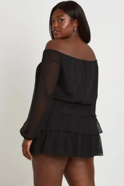 boohoo Combi-short Grande Taille En Mousseline Bardot Avec Nœud Devant Et Manches Bouffantes<Femme Combinaisons Et Combishorts
