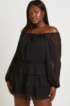 boohoo Combi-short Grande Taille En Mousseline Bardot Avec Nœud Devant Et Manches Bouffantes<Femme Combinaisons Et Combishorts