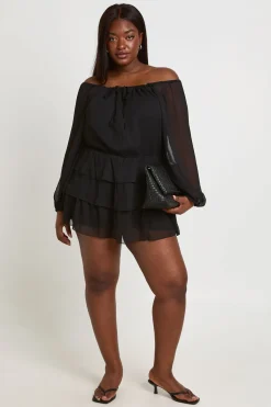 boohoo Combi-short Grande Taille En Mousseline Bardot Avec Nœud Devant Et Manches Bouffantes<Femme Combinaisons Et Combishorts