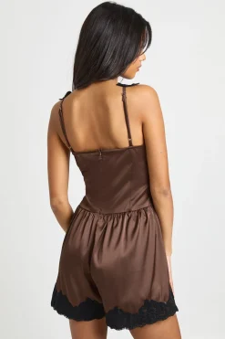 Combi-short Évasé en Satin avec Bordure en Dentelle