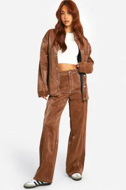 Contrast Trim Vintage Look Faux Leather Jacket