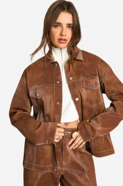 Contrast Trim Vintage Look Faux Leather Jacket