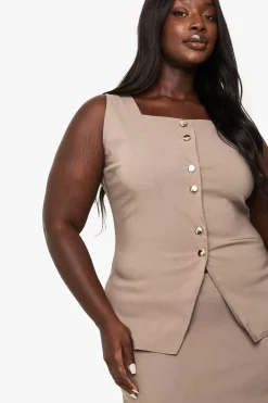 Coordonné grande taille en bengaline avec gilet orné de détails à boutons et jupe maxi