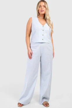 Coordonné Grande Taille en Tissu Tissé à Rayures Fines : Pantalon à Jambe Large & Gilet assorti