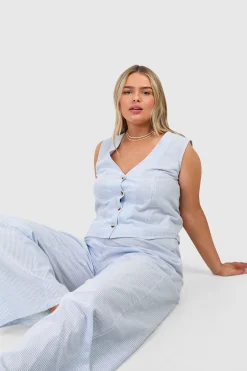 Coordonné Grande Taille en Tissu Tissé à Rayures Fines : Pantalon à Jambe Large & Gilet assorti