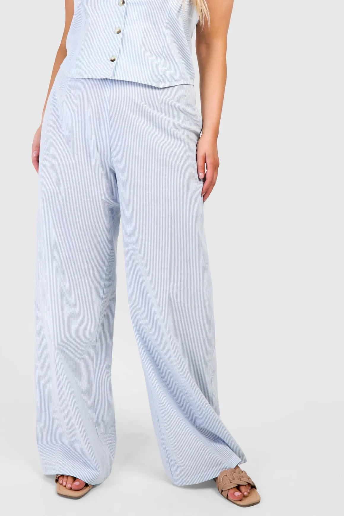 Coordonné Grande Taille en Tissu Tissé à Rayures Fines : Pantalon à Jambe Large & Gilet assorti