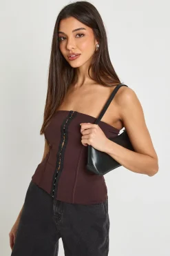 boohoo Corset bandeau effet coton avec fermeture à crochets et œil<Femme Looks Chocolat|Tops