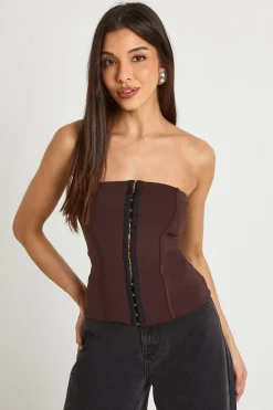 boohoo Corset bandeau effet coton avec fermeture à crochets et œil<Femme Looks Chocolat|Tops