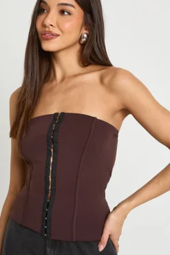 boohoo Corset bandeau effet coton avec fermeture à crochets et œil<Femme Looks Chocolat|Tops